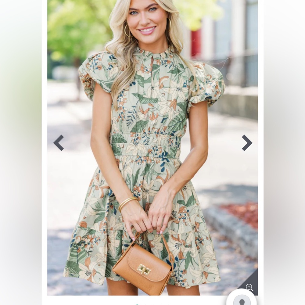 Shop the Mint “Let’s Get Going” Sage Floral Puff Sleeve A-Line Dress